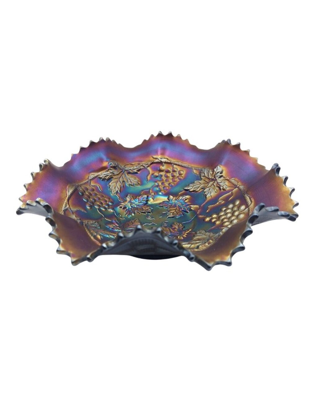 Northwood Amethyst Carnival Glass Bowl Grape And Cable Purple Ruffled Antique